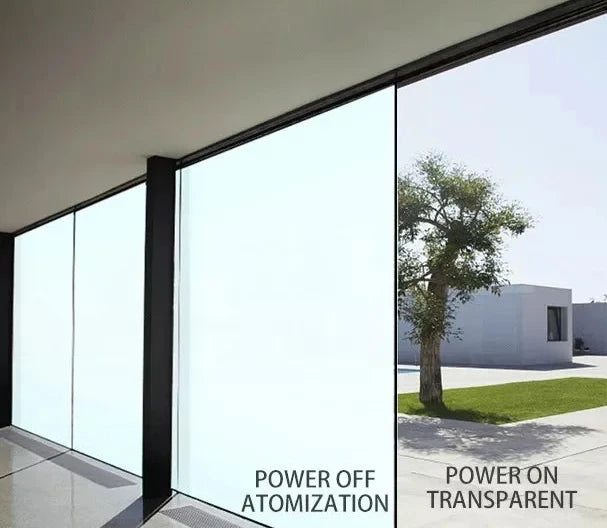 Glass panel showing atomization effect before and after power on.